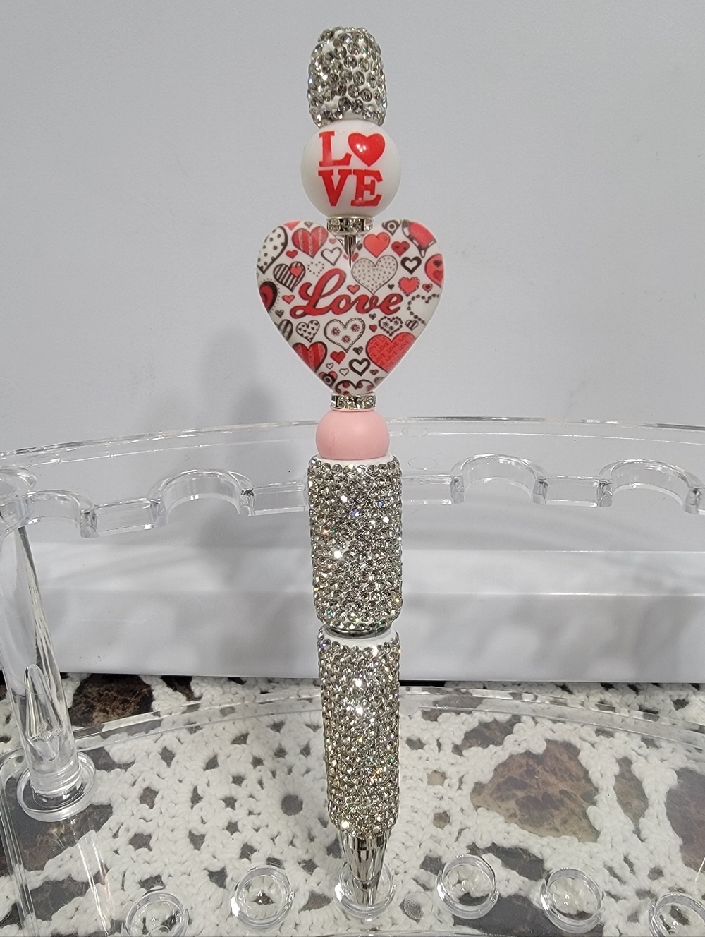 Love Heart Crystal Pink & White Decorative Pen